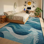 White Seahorse Blue Ocean Waves Rug Bedroom View