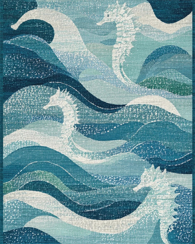 White Seahorse Blue Ocean Waves Rug - Cutout View