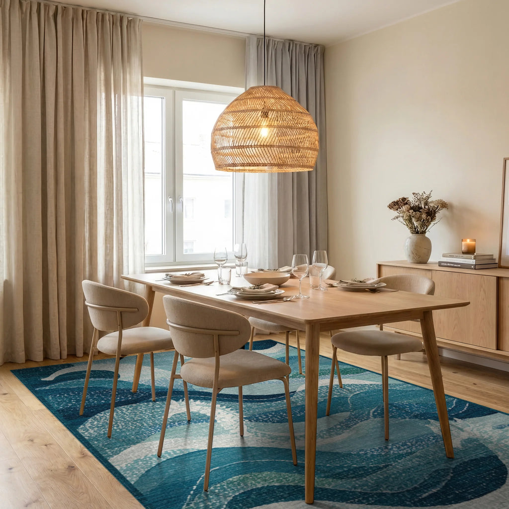 White Seahorse Blue Ocean Waves Rug Dining Room View