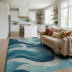 White Seahorse Blue Ocean Waves Rug Living Room View