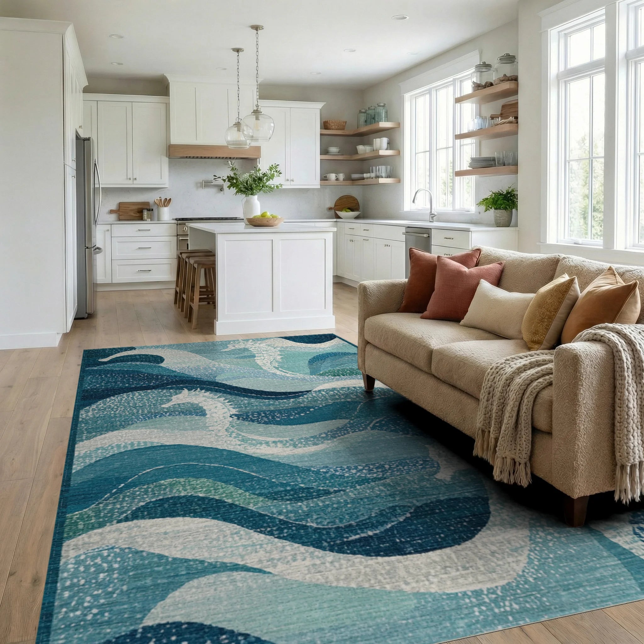White Seahorse Blue Ocean Waves Rug Living Room View