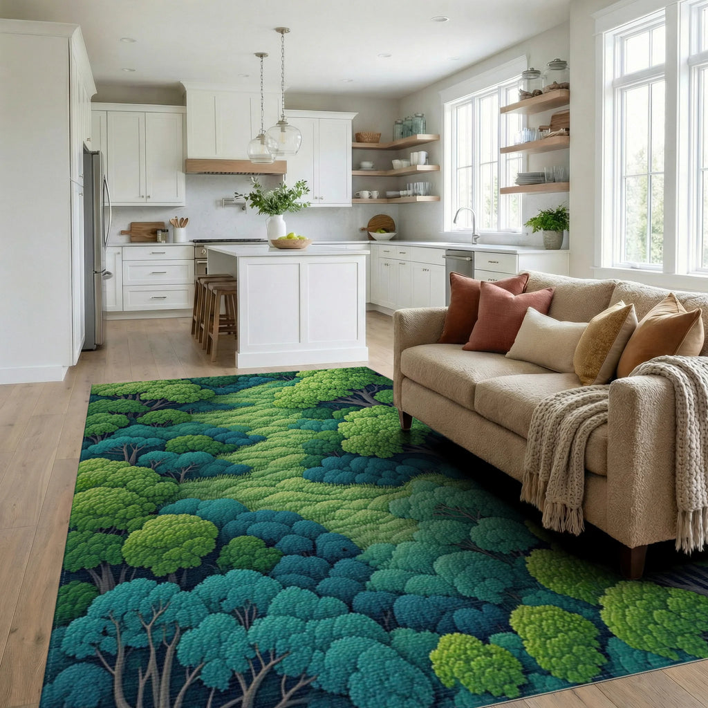 Winding Lush Forest Path Rug - Living Room View