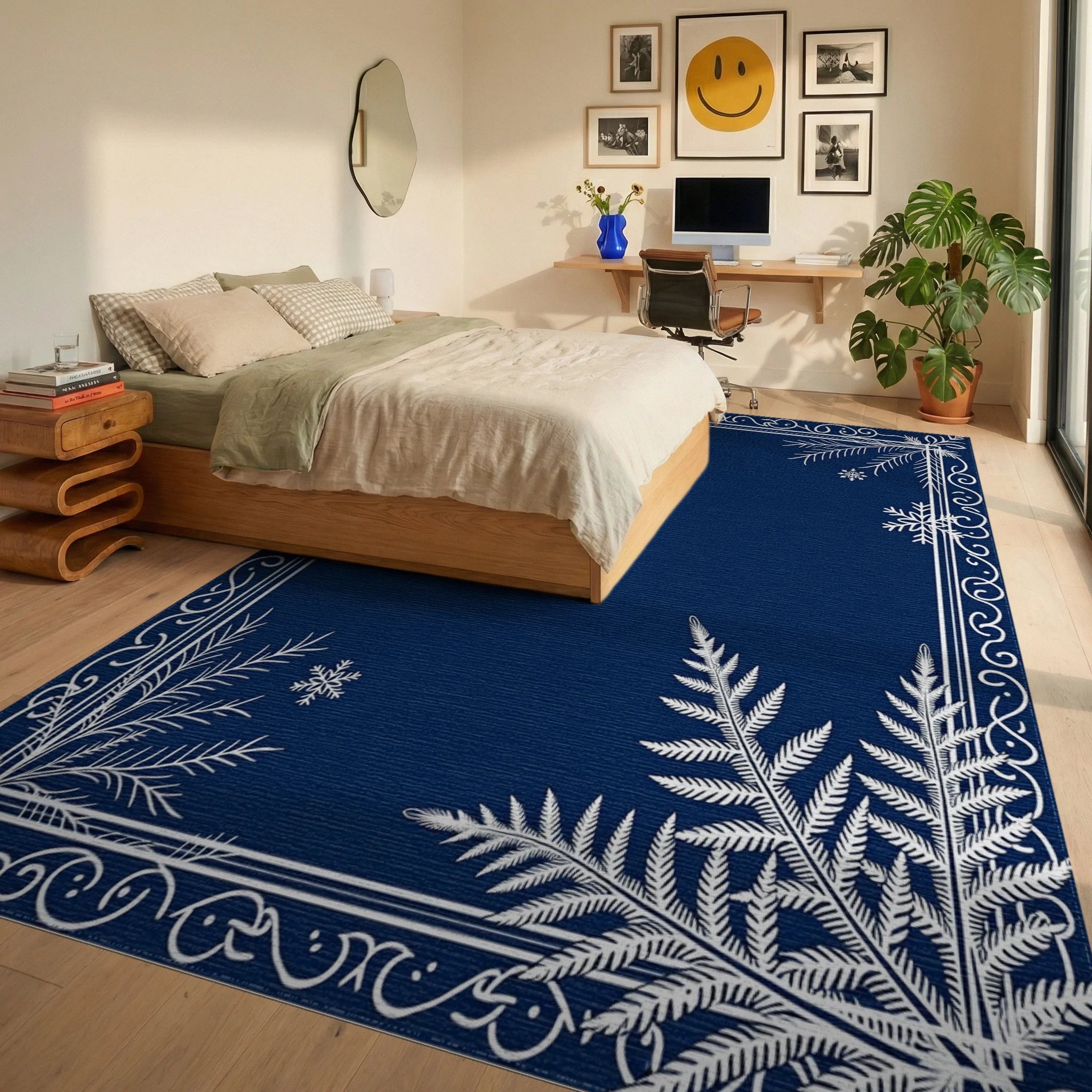 Winter Fern Snowflake Border Decor Rug Bedroom View