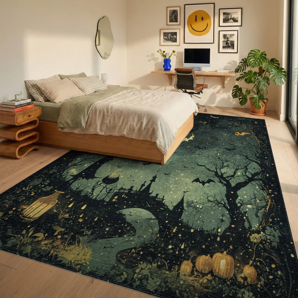 Witch Bats Moonlit Castle Halloween Rug Bedroom View