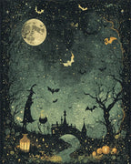 Witch Bats Moonlit Castle Halloween Rug - Cutout View