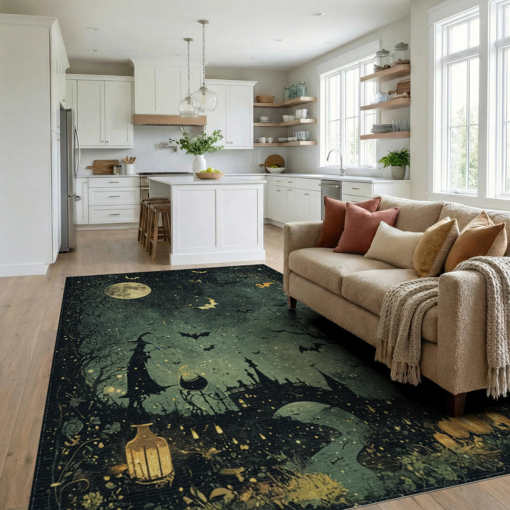 Witch Bats Moonlit Castle Halloween Rug Living Room View