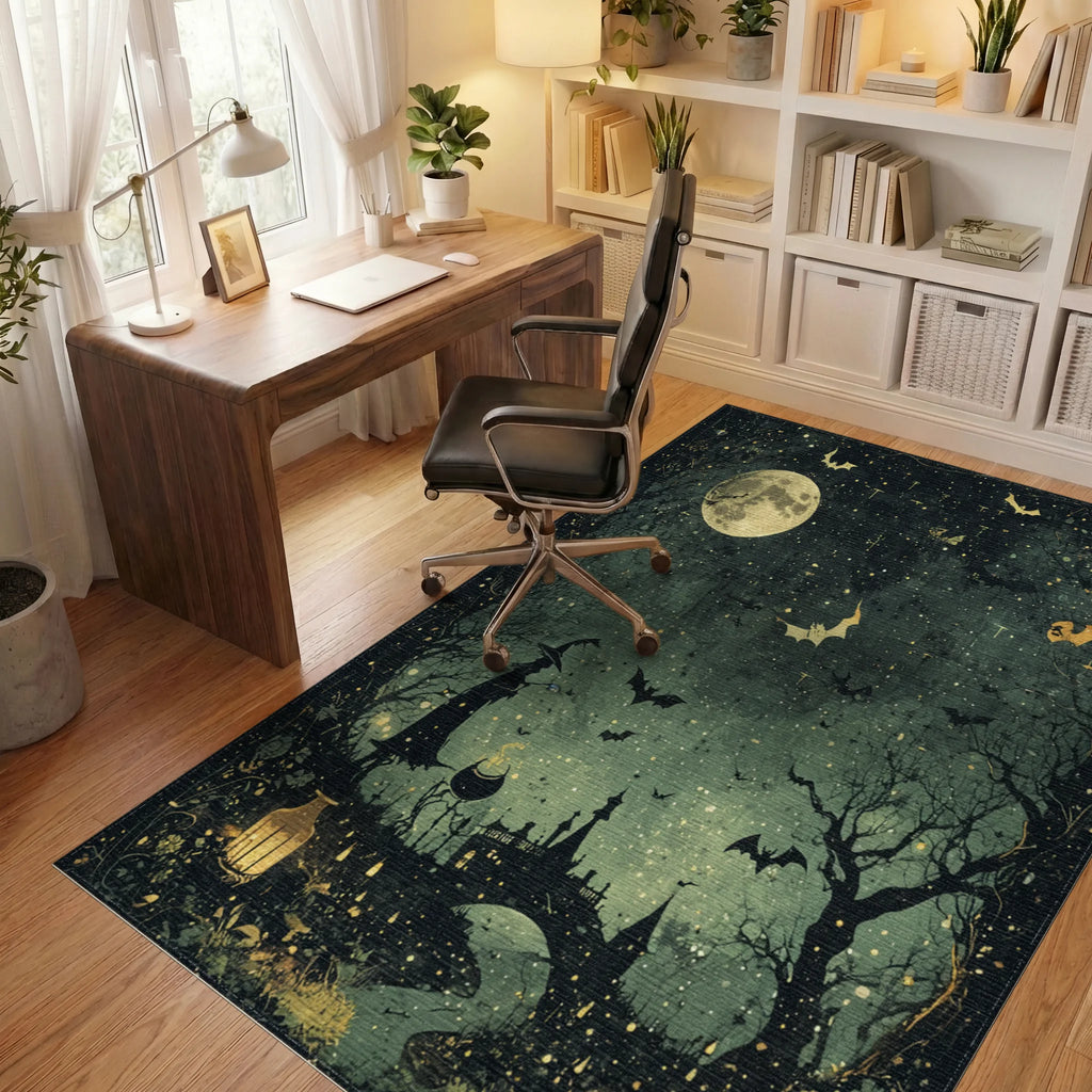 Witch Bats Moonlit Castle Halloween Rug Office View
