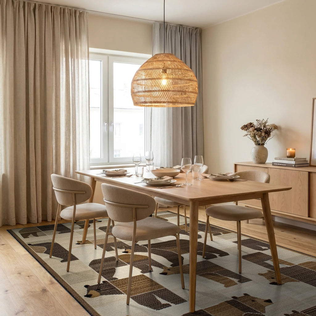 Woodland Bear Patchwork Geometric Rug - Dining Room View