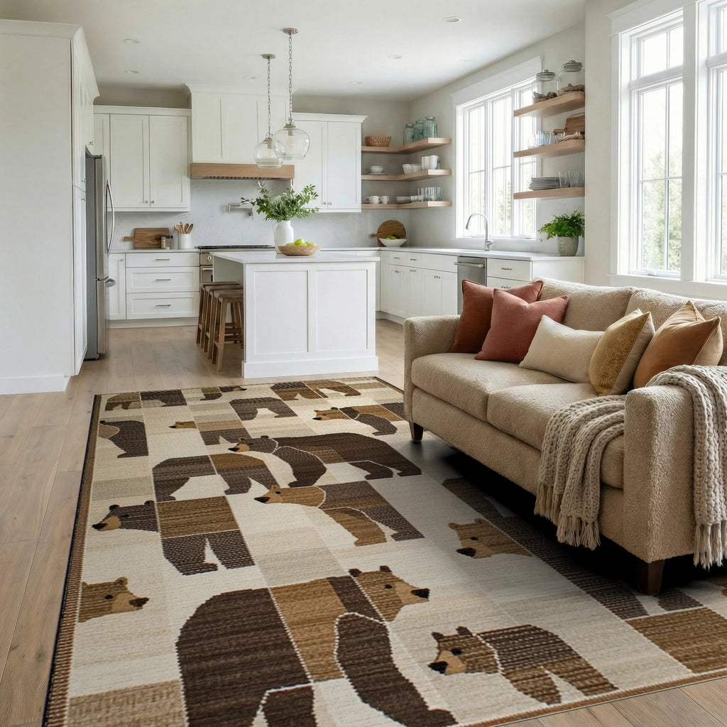 Woodland Bear Patchwork Geometric Rug - Living Room View