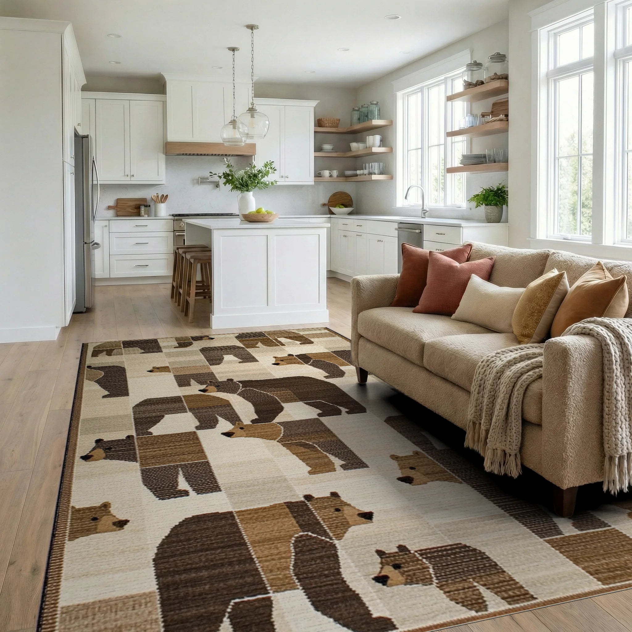 Woodland Bear Patchwork Geometric Rug - Living Room View