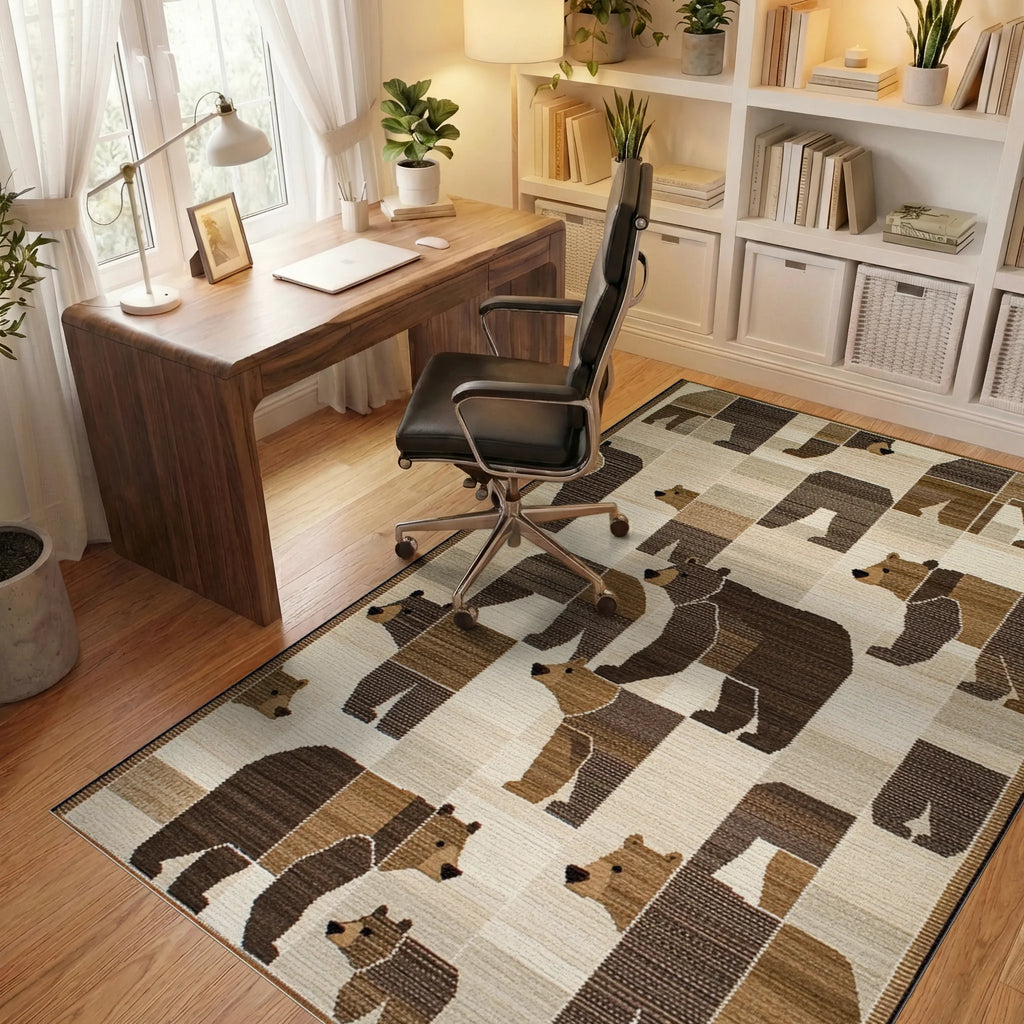 Woodland Bear Patchwork Geometric Rug - Office View