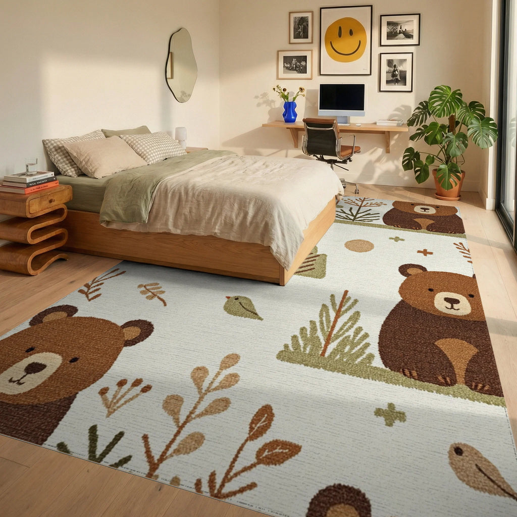 Woodland Bears and Trees Ivory Comfy Rug - Bedroom View