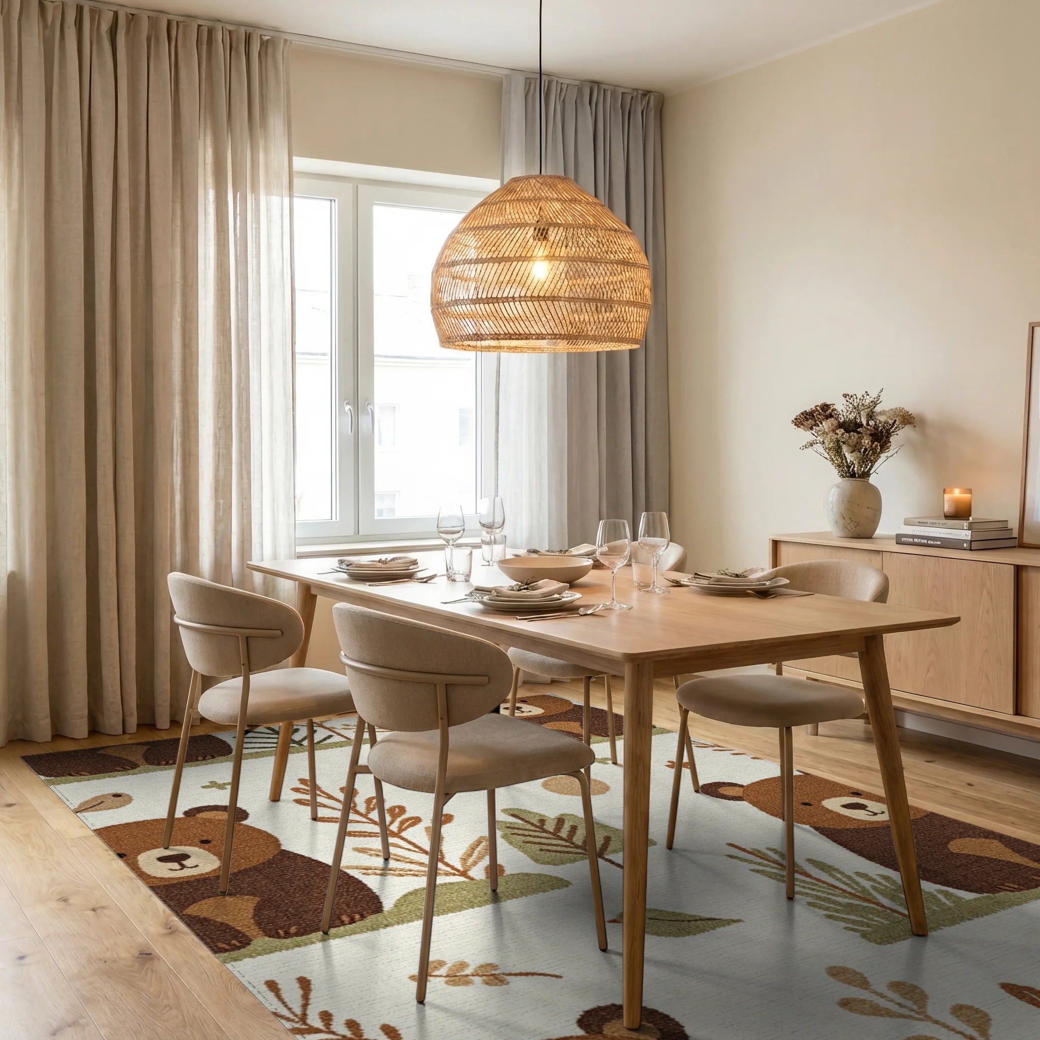 Woodland Bears and Trees Ivory Comfy Rug - Dining Room View