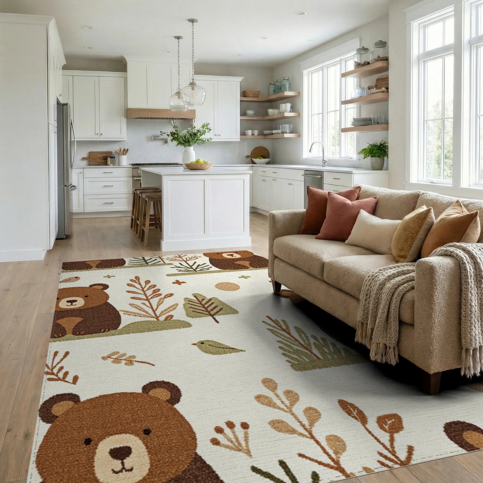 Woodland Bears and Trees Ivory Comfy Rug - Living Room View