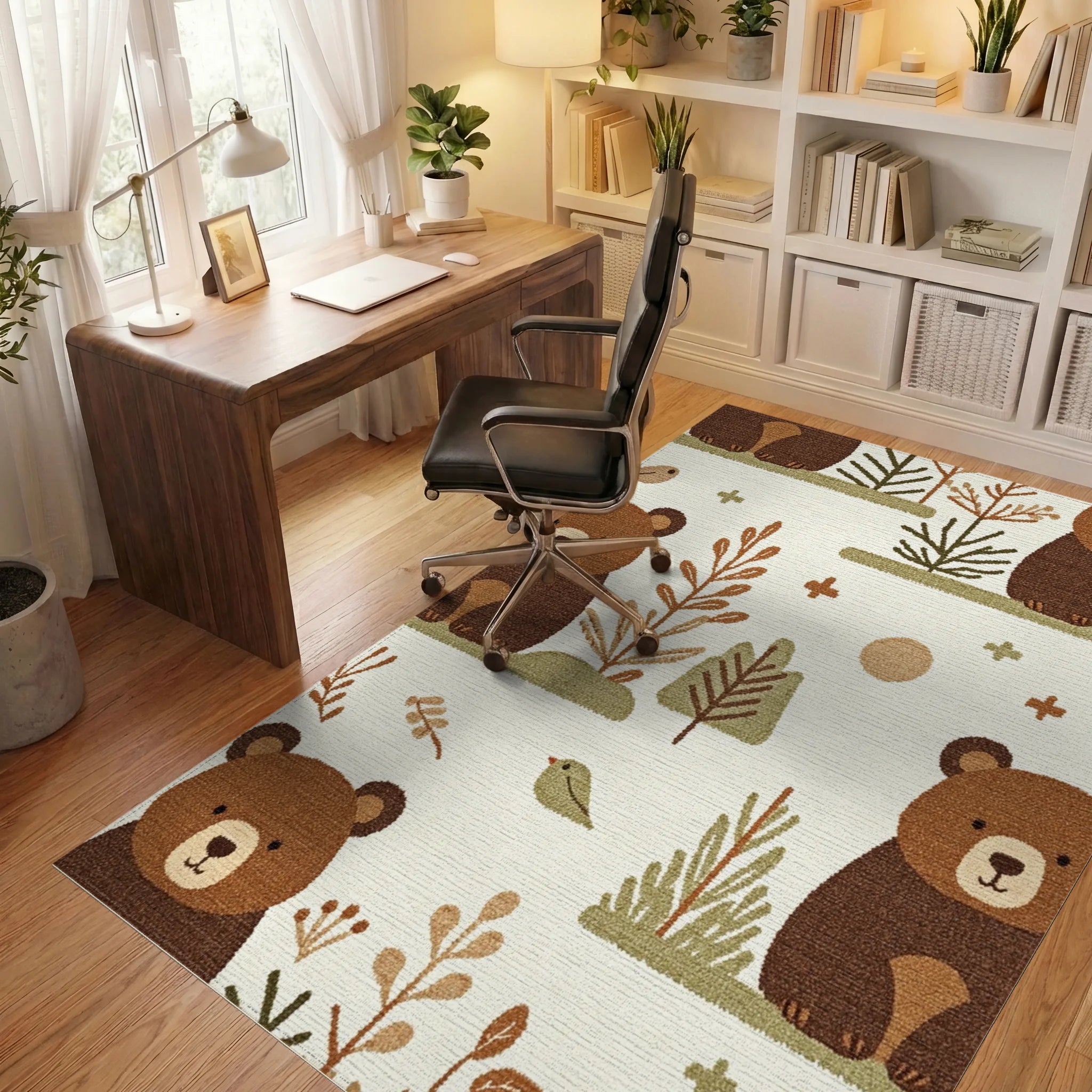 Woodland Bears and Trees Ivory Comfy Rug - Office View