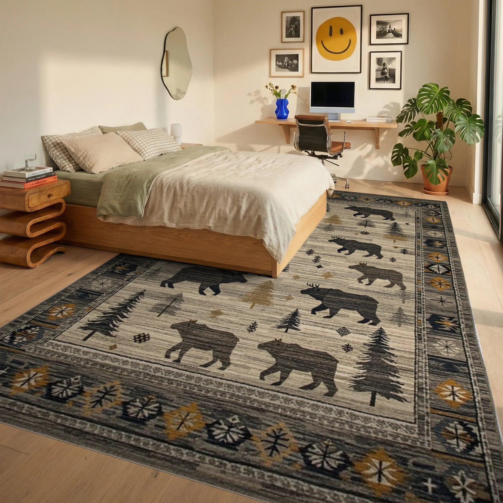 Woodland Creatures Bears Moose Forest Creatures Rug - Bedroom View