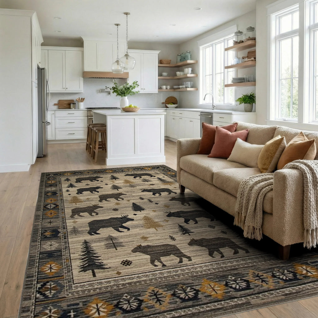 Woodland Creatures Bears Moose Forest Creatures Rug - Living Room View