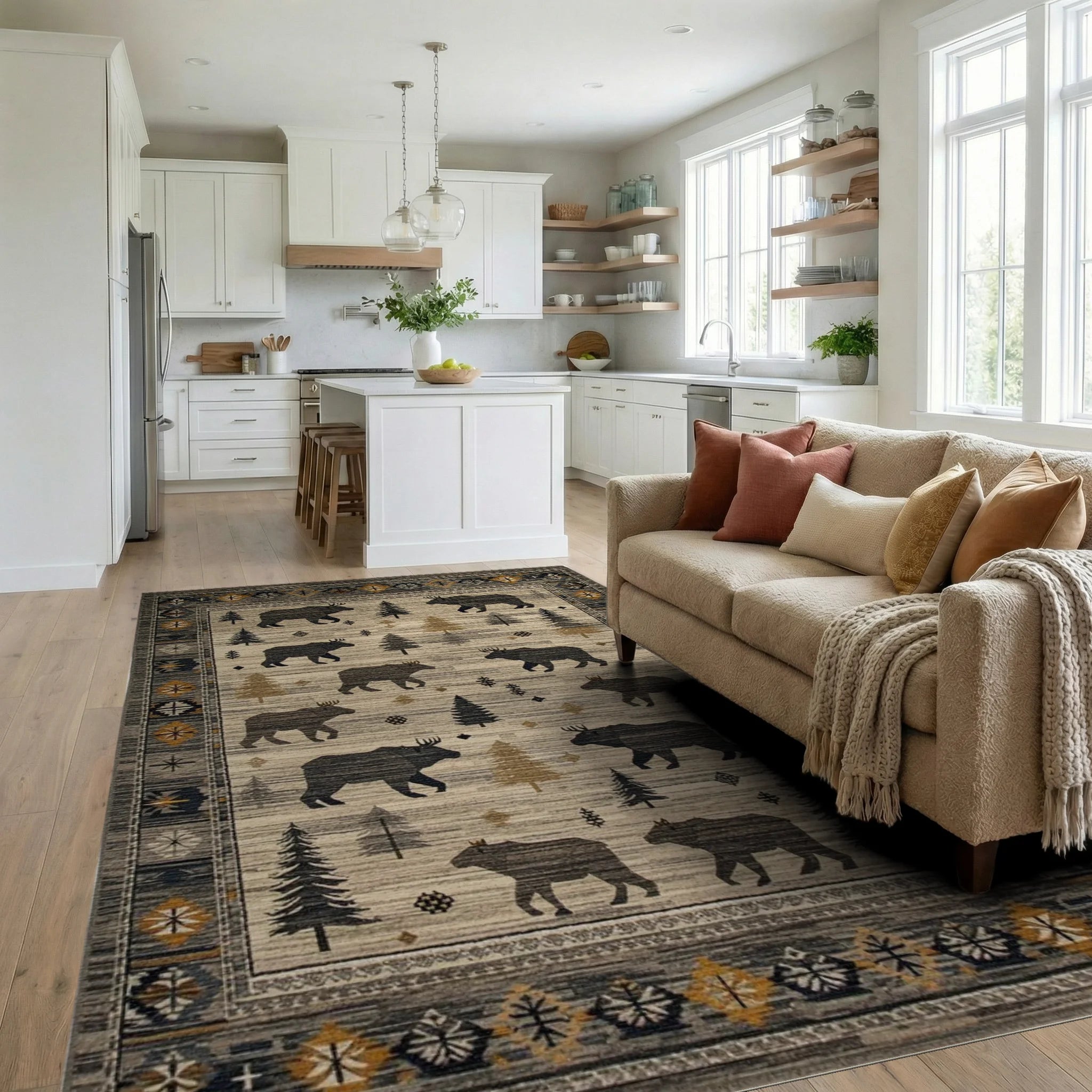 Woodland Creatures Bears Moose Forest Creatures Rug - Living Room View