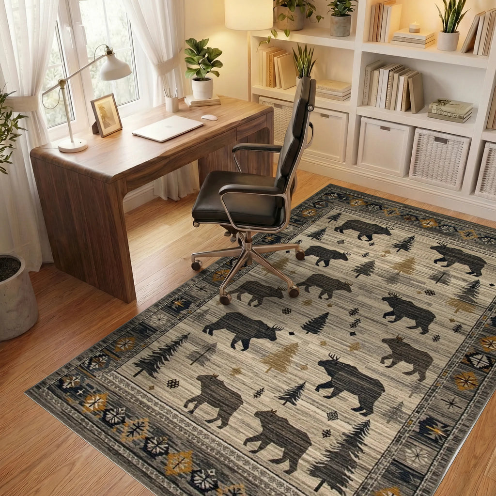 Woodland Creatures Bears Moose Forest Creatures Rug - Office View