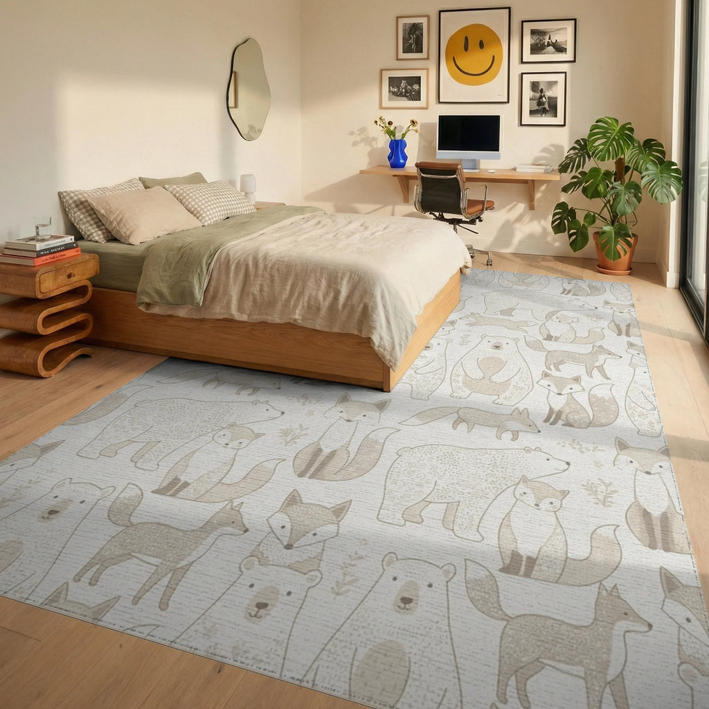 Woodland Creatures Beige Bear Fox Repeat Rug Bedroom View