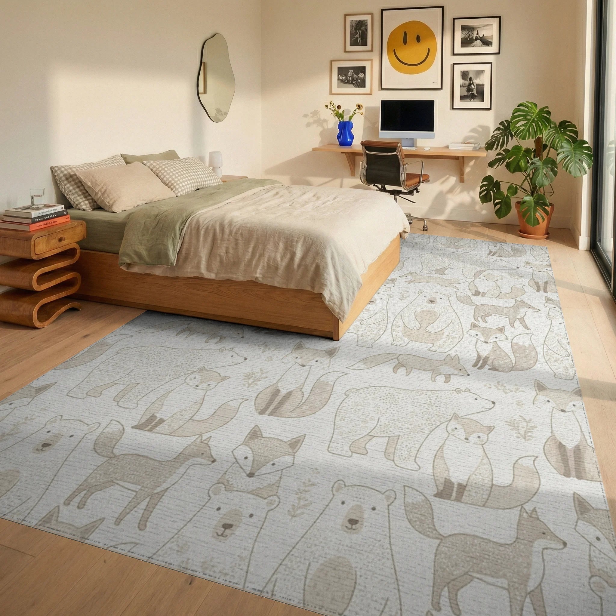 Woodland Creatures Beige Bear Fox Repeat Rug Bedroom View