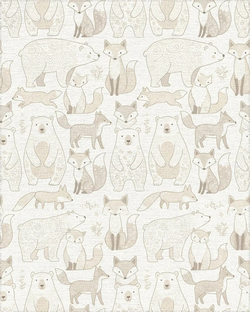 Woodland Creatures Beige Bear Fox Repeat Rug - Cutout View
