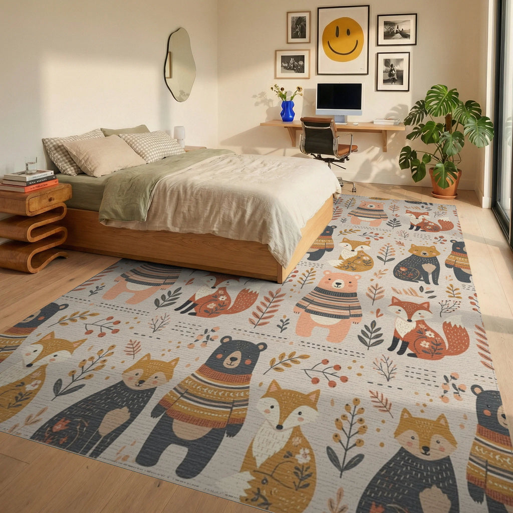 Woodland Creatures Sweater Bears Foxes Rug Bedroom View