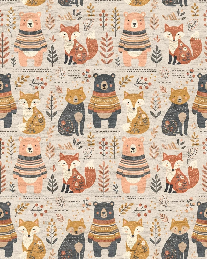 Woodland Creatures Sweater Bears Foxes Rug - Cutout View