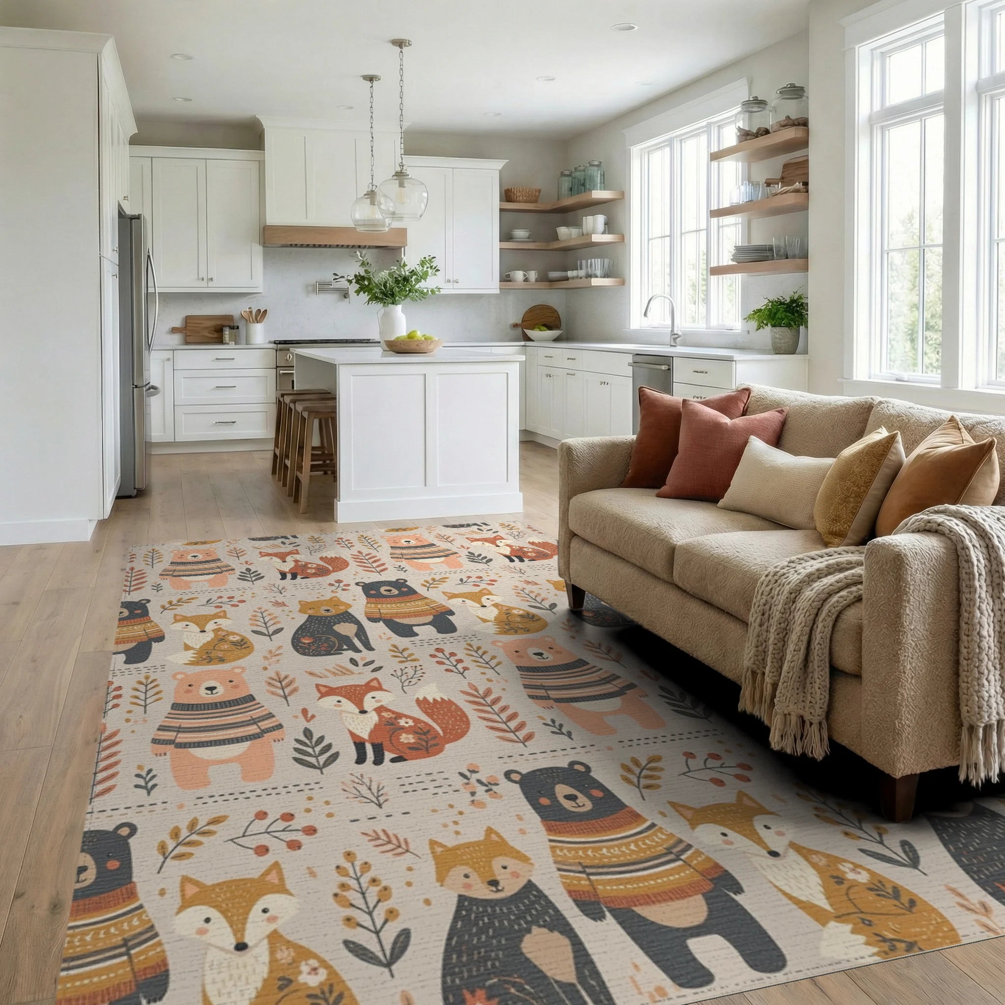 Woodland Creatures Sweater Bears Foxes Rug Living Room View