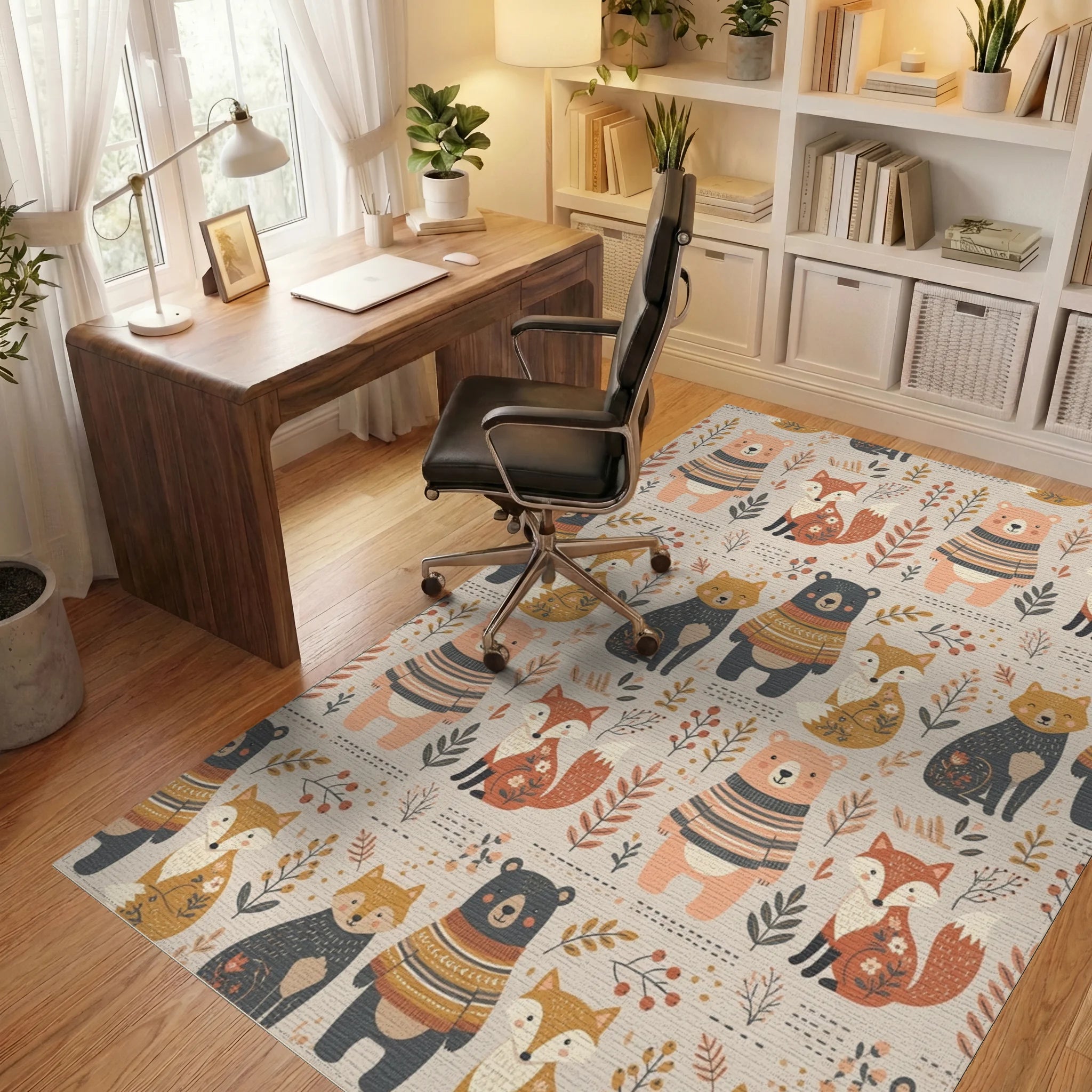 Woodland Creatures Sweater Bears Foxes Rug Office View