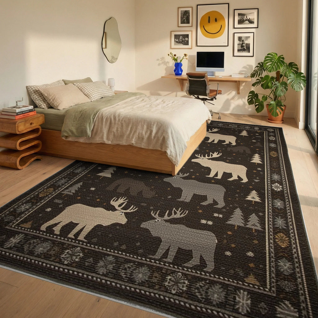 Woodland Moose And Bear Forest Accent Rug - Bedroom View