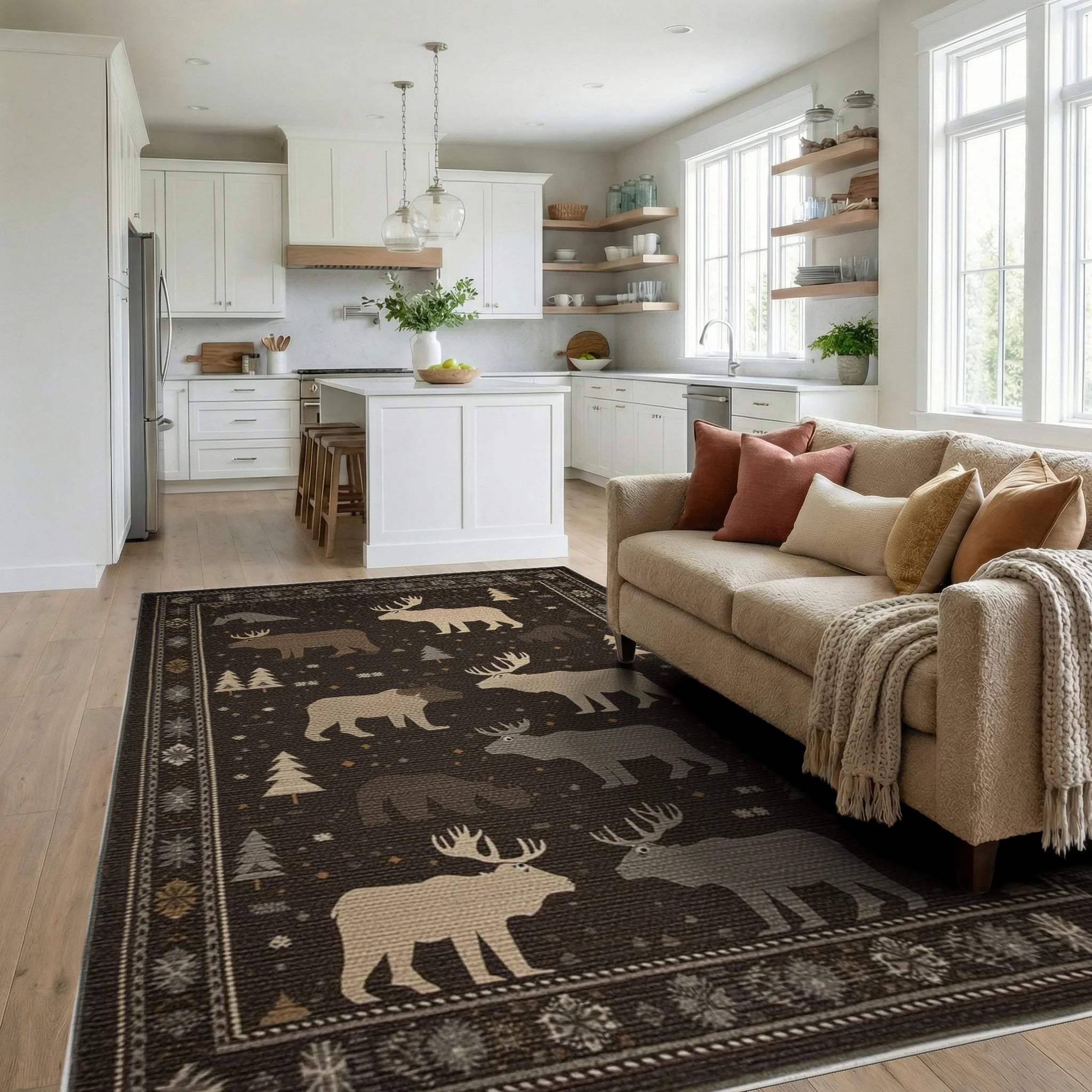 Woodland Moose And Bear Forest Accent Rug - Living Room View