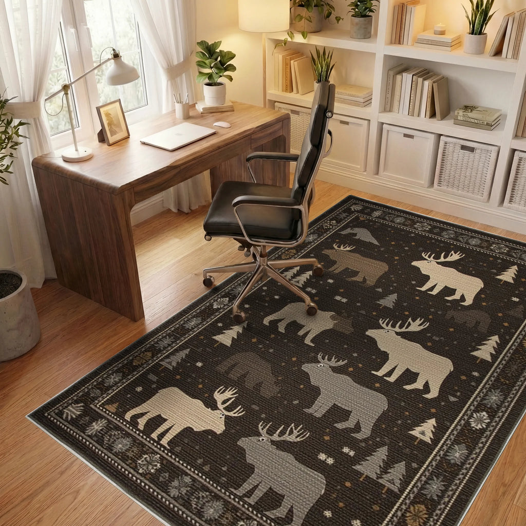 Woodland Moose And Bear Forest Accent Rug - Office View