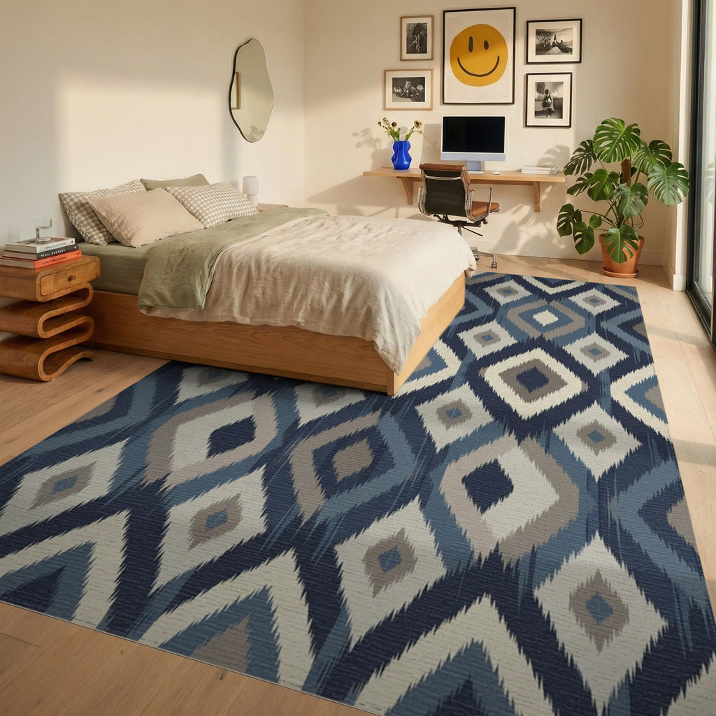 Woven Diamond Indigo Tapestry Rug Bedroom View