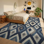 Woven Diamond Indigo Tapestry Rug Bedroom View