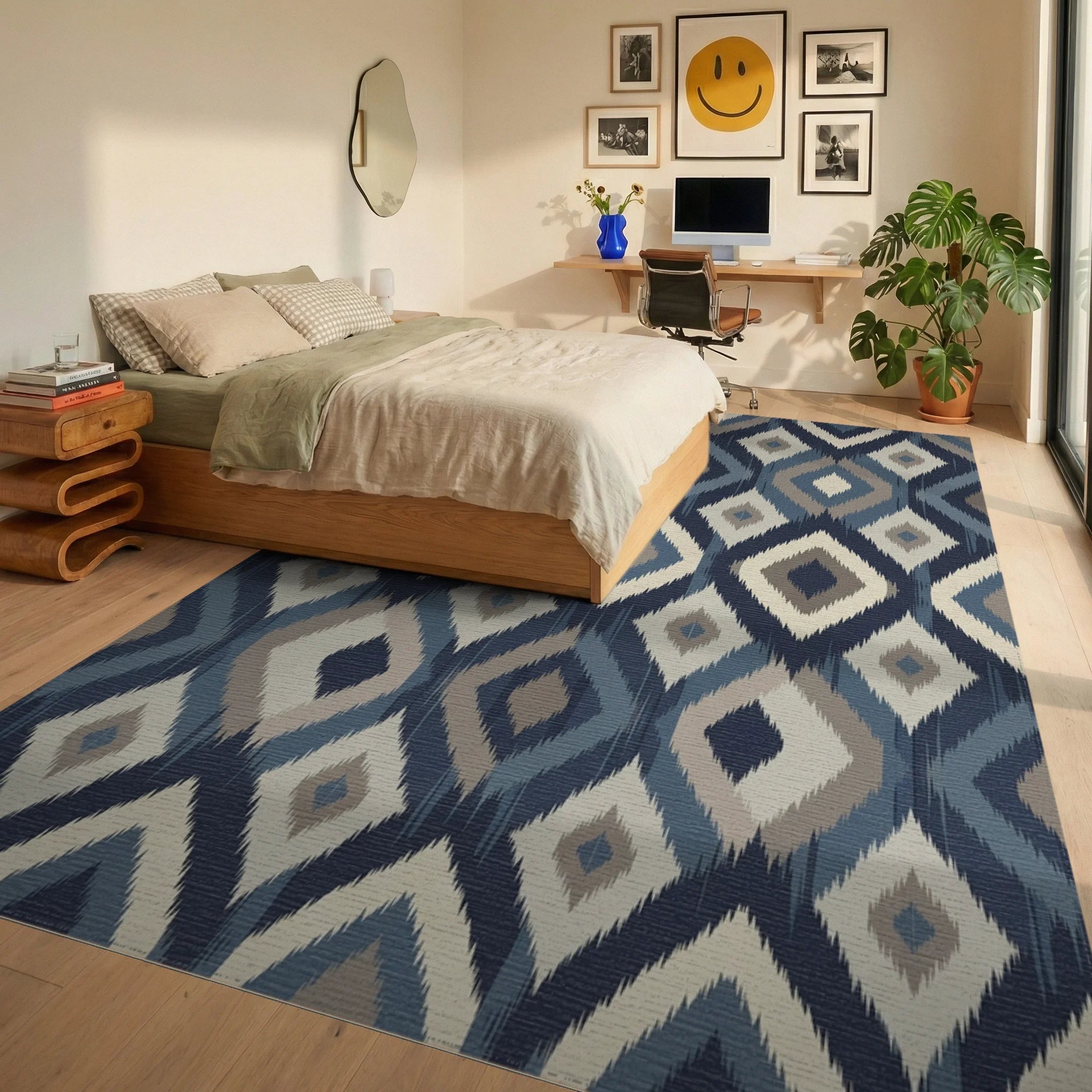 Woven Diamond Indigo Tapestry Rug Bedroom View