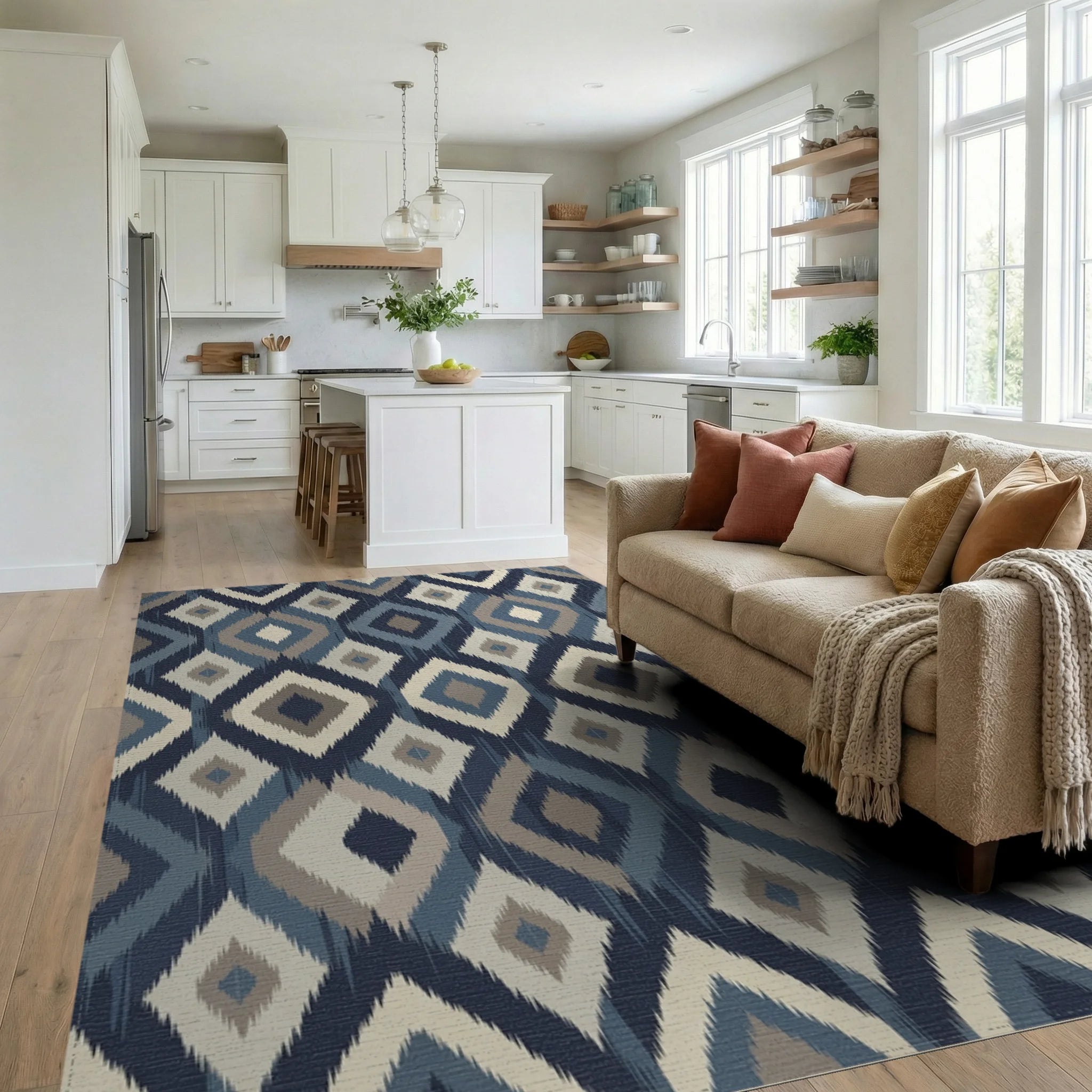 Woven Diamond Indigo Tapestry Rug Living Room View