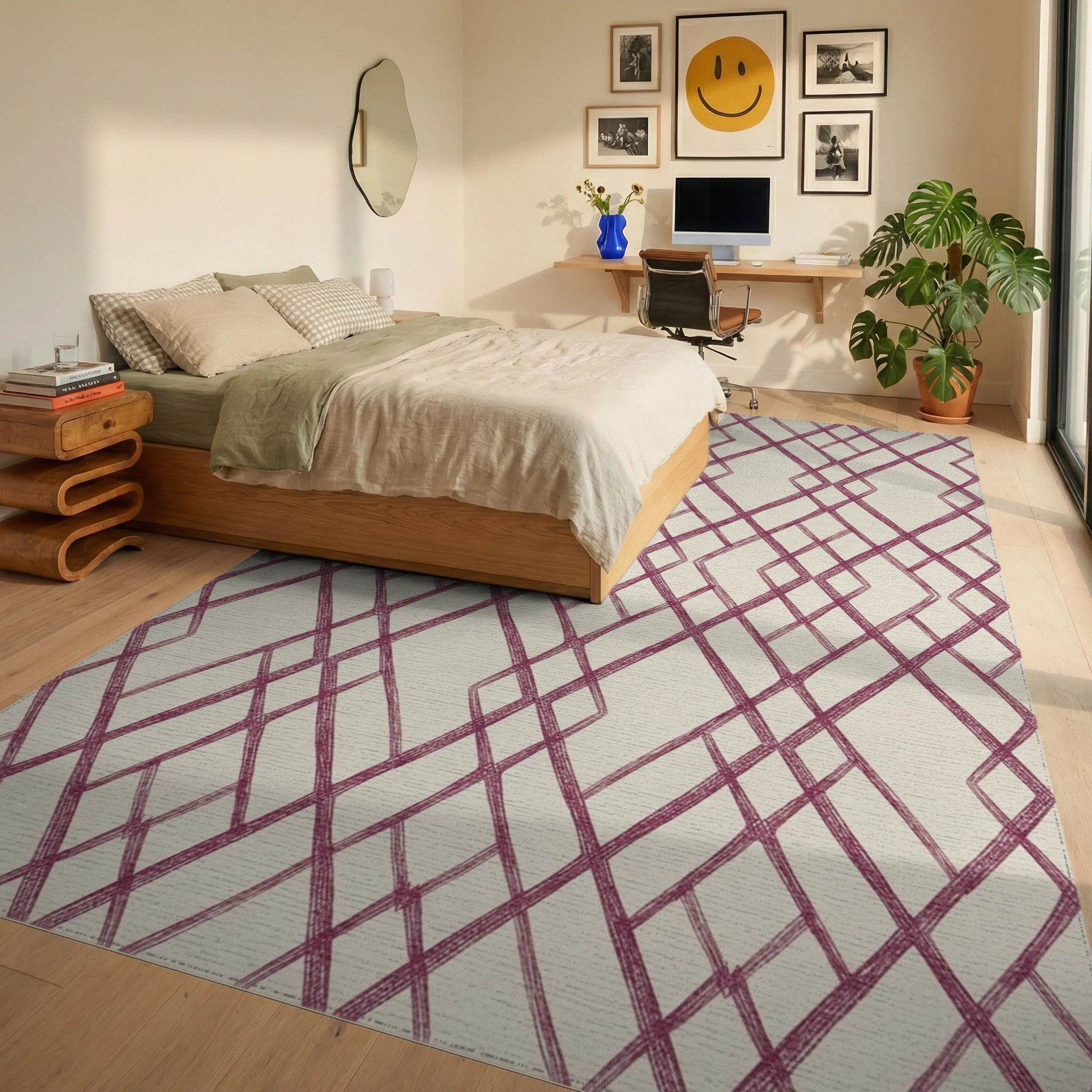 Woven Plum Lattice Garden Rug Bedroom View