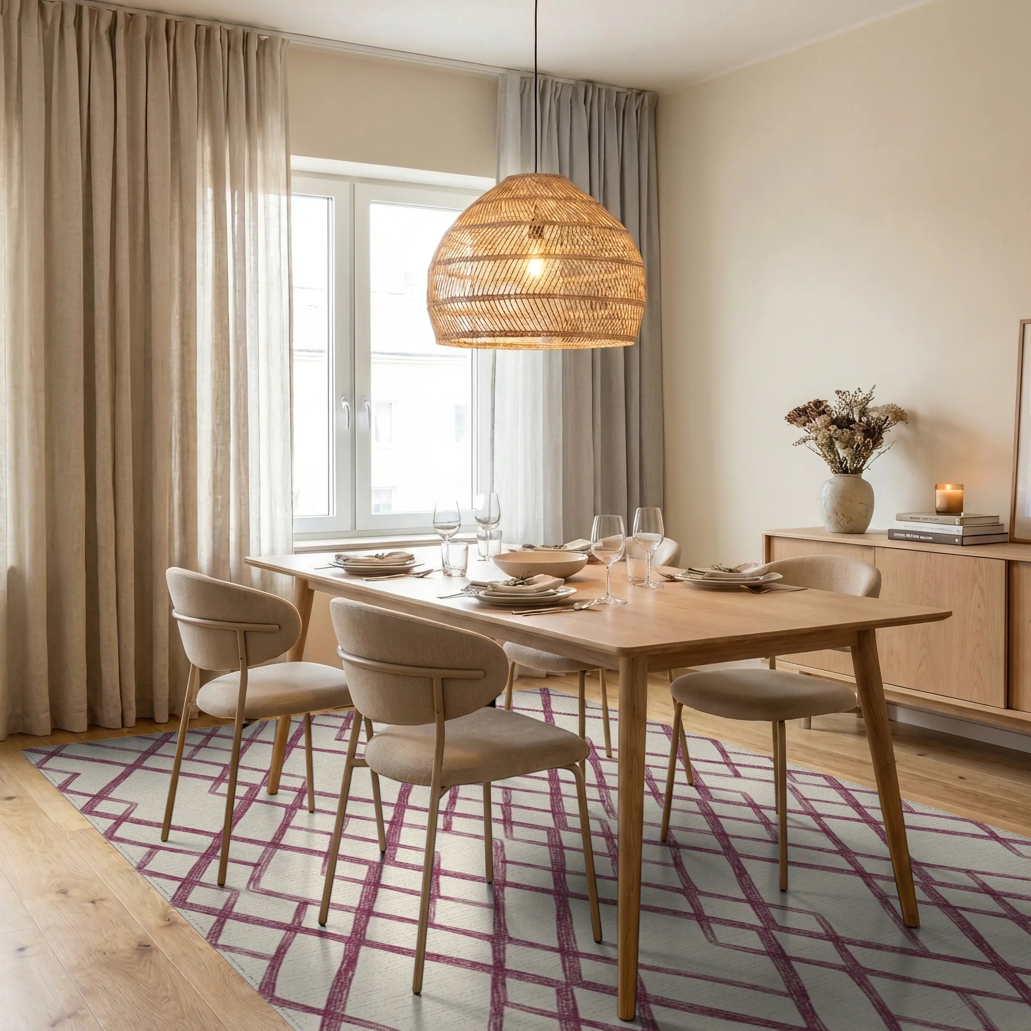 Woven Plum Lattice Garden Rug Dining Room View