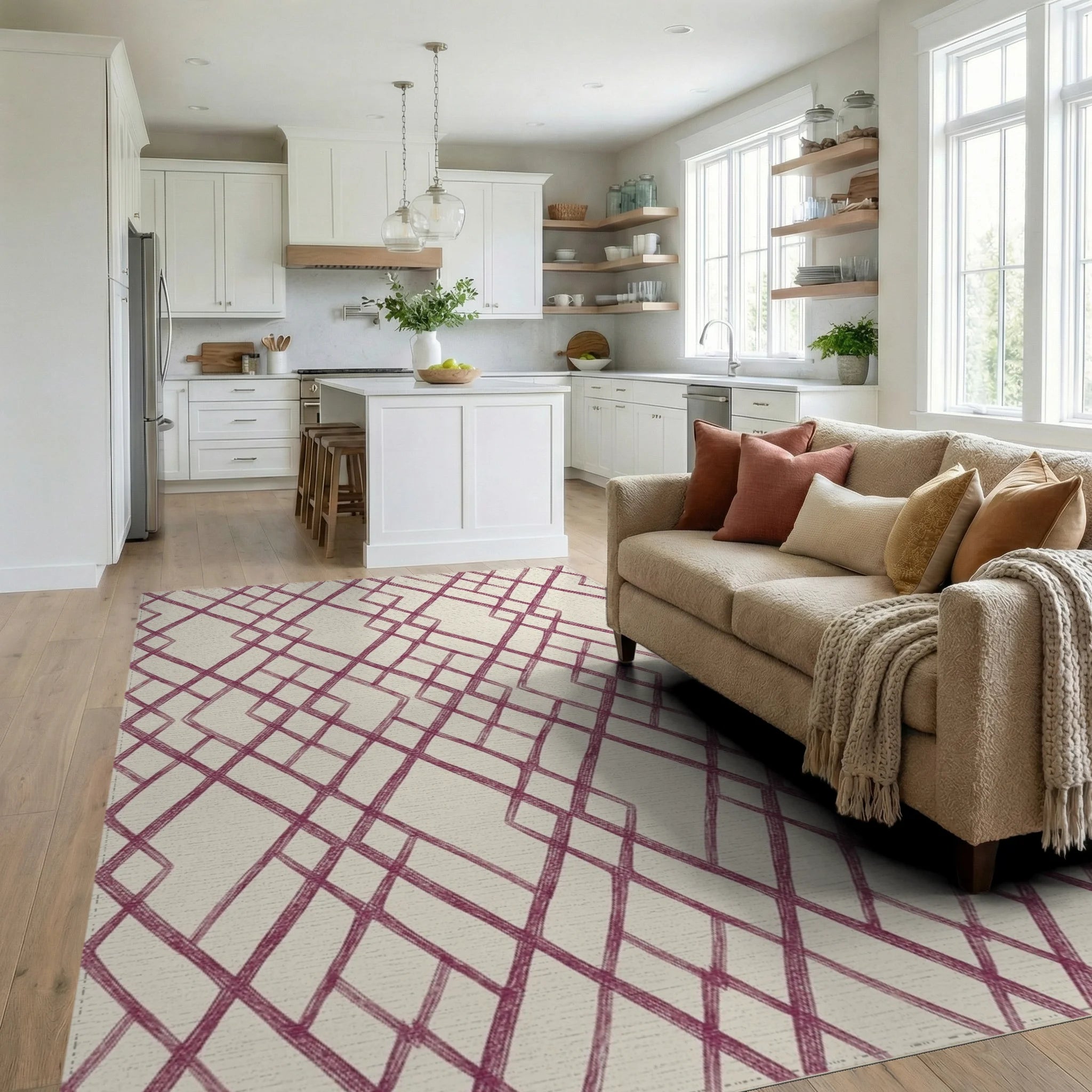 Woven Plum Lattice Garden Rug Living Room View