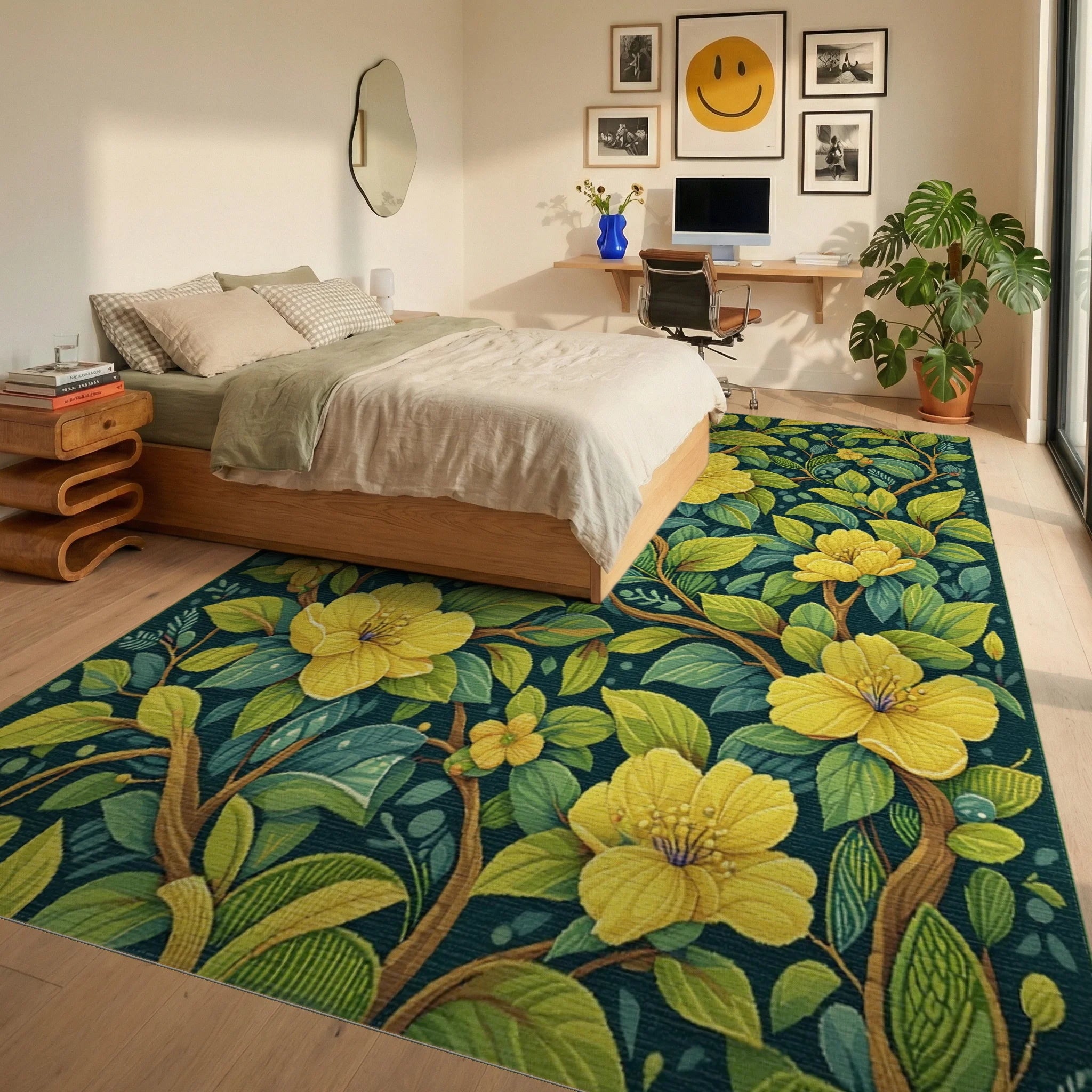 Yellow Flowering Branches Garden Rug - Bedroom View