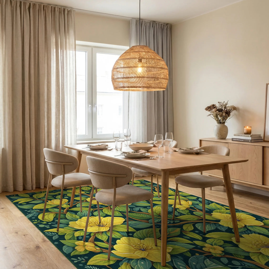 Yellow Flowering Branches Garden Rug - Dining Room View