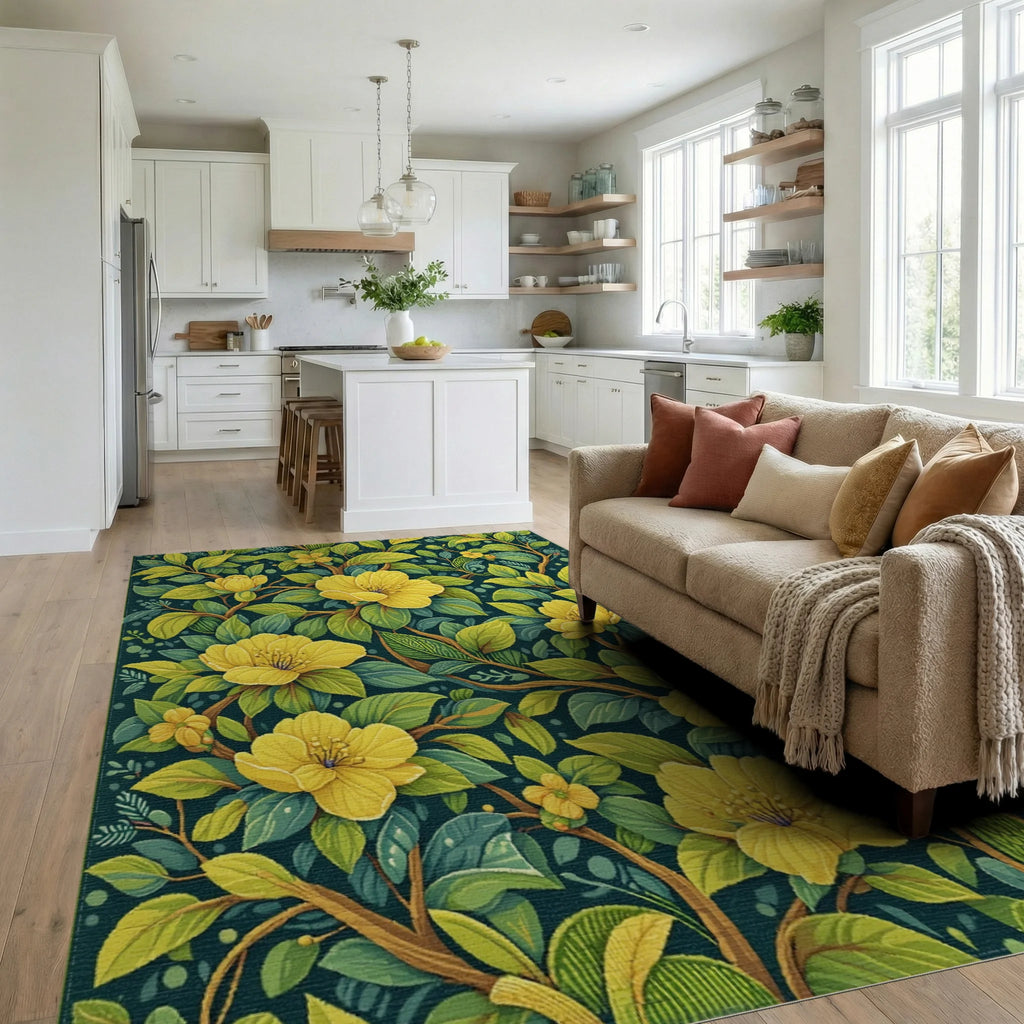 Yellow Flowering Branches Garden Rug - Living Room View