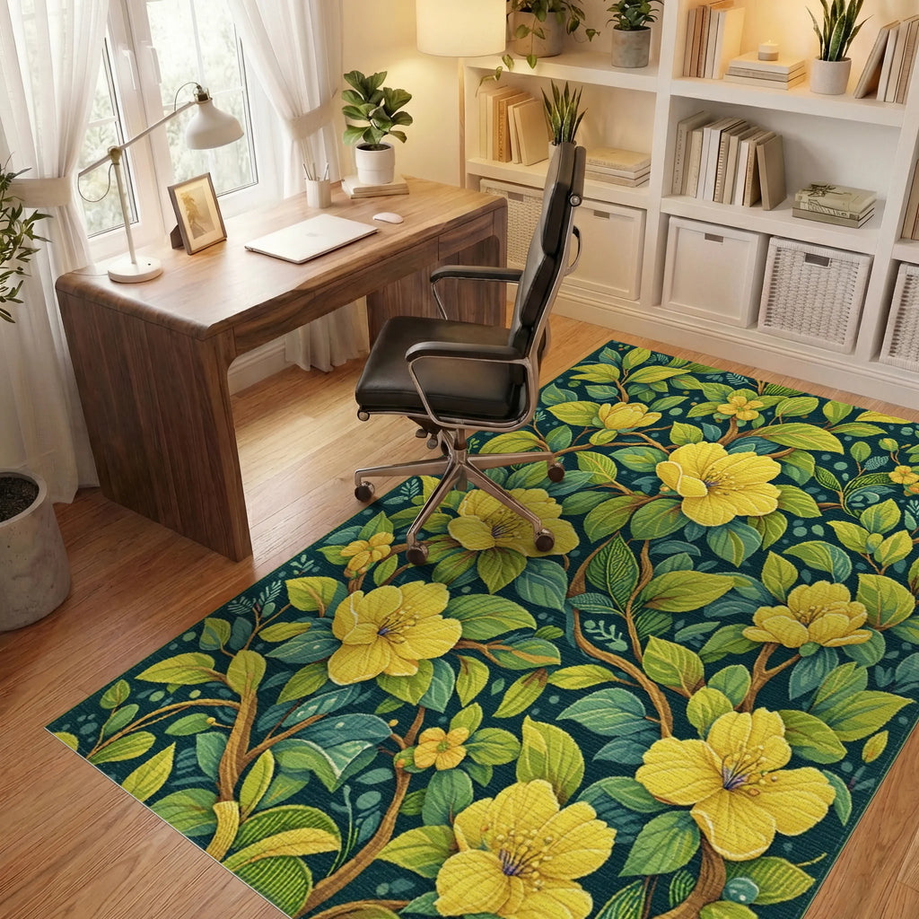 Yellow Flowering Branches Garden Rug - Office View