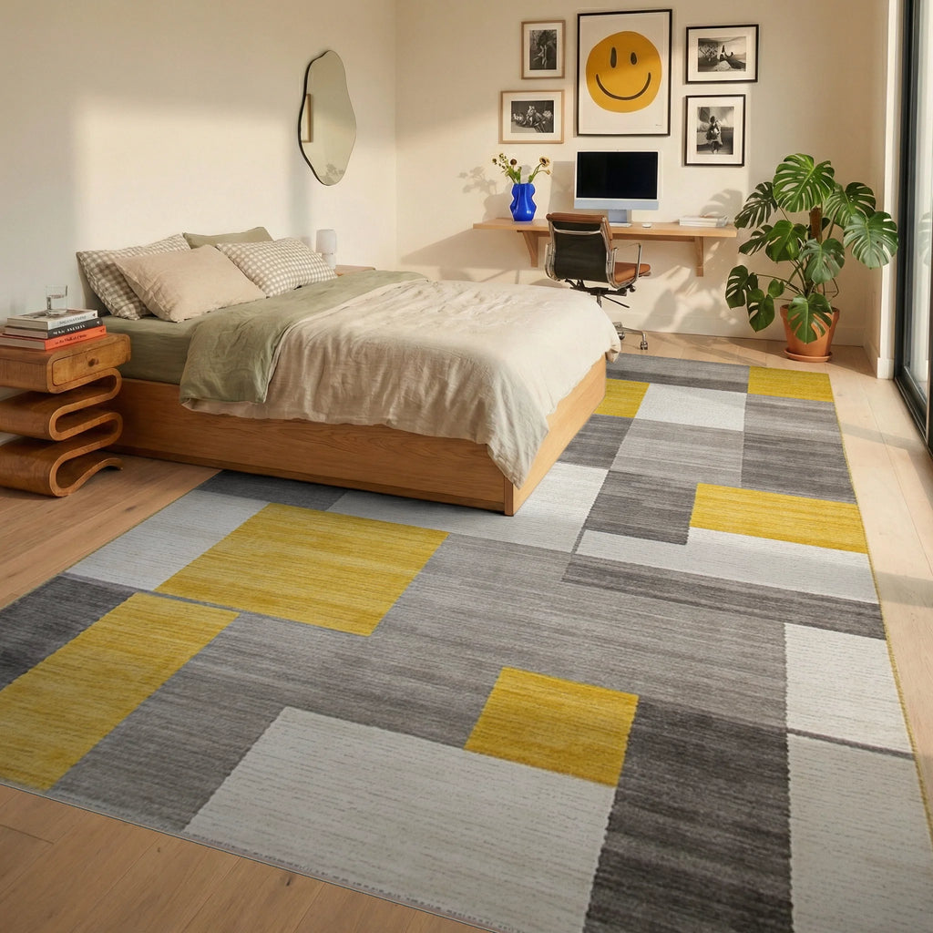 Yellow Gray White Geometric Blocks Rug - Bedroom View
