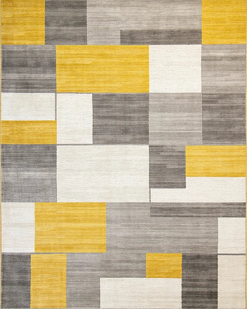 Yellow Gray White Geometric Blocks Rug - Cutout View
