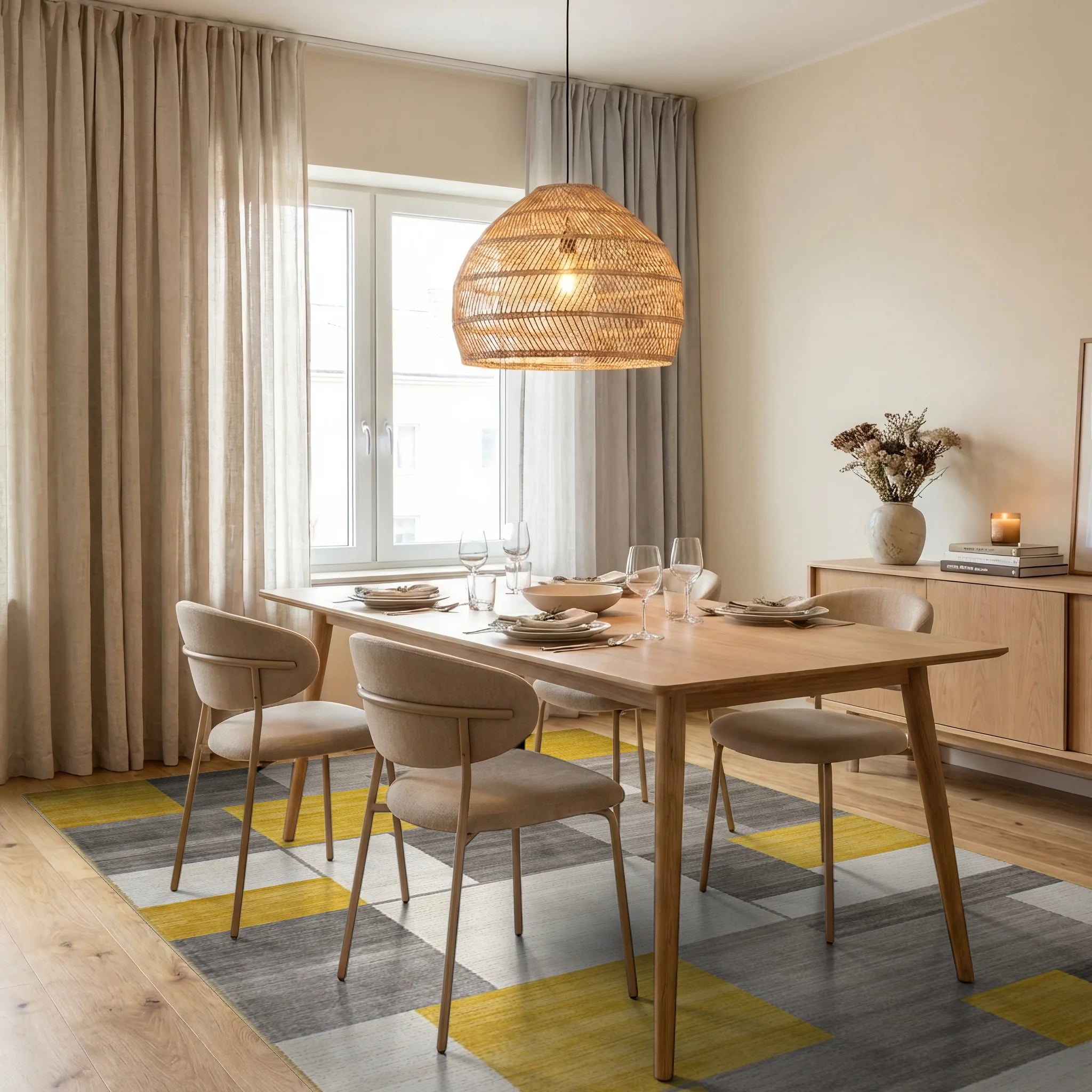 Yellow Gray White Geometric Blocks Rug - Dining Room View