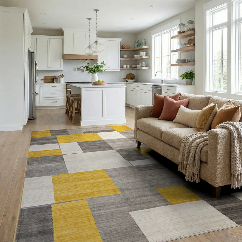 Yellow Gray White Geometric Blocks Rug - Living Room View