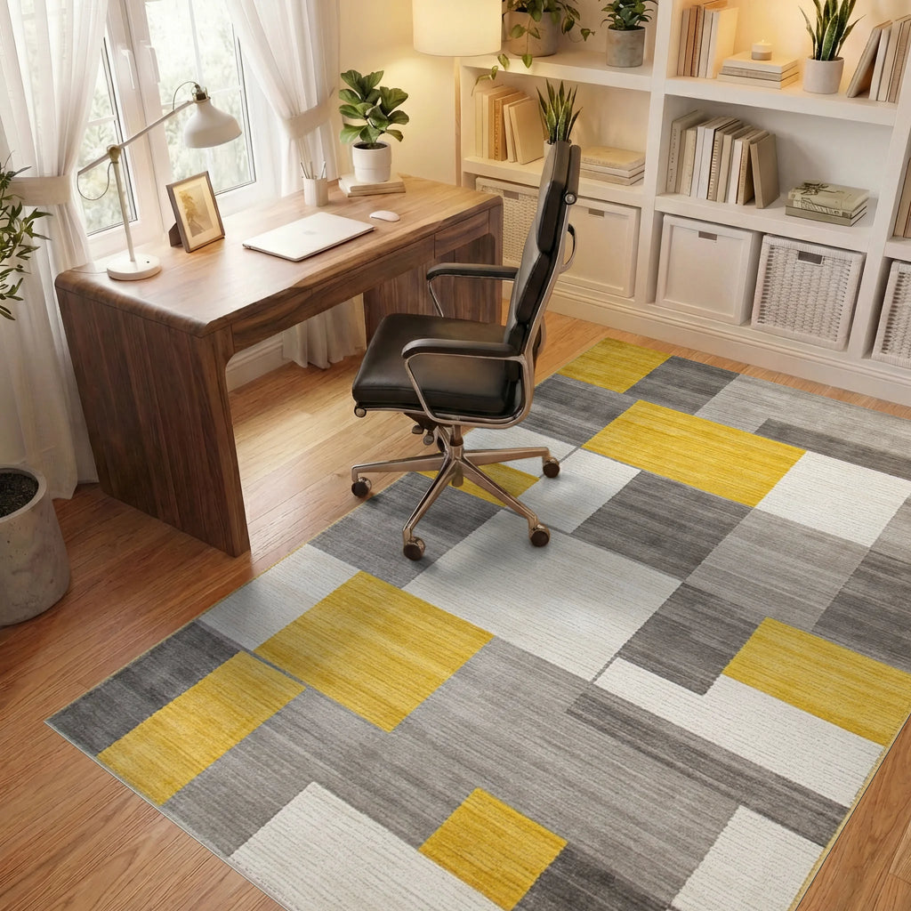 Yellow Gray White Geometric Blocks Rug - Office View