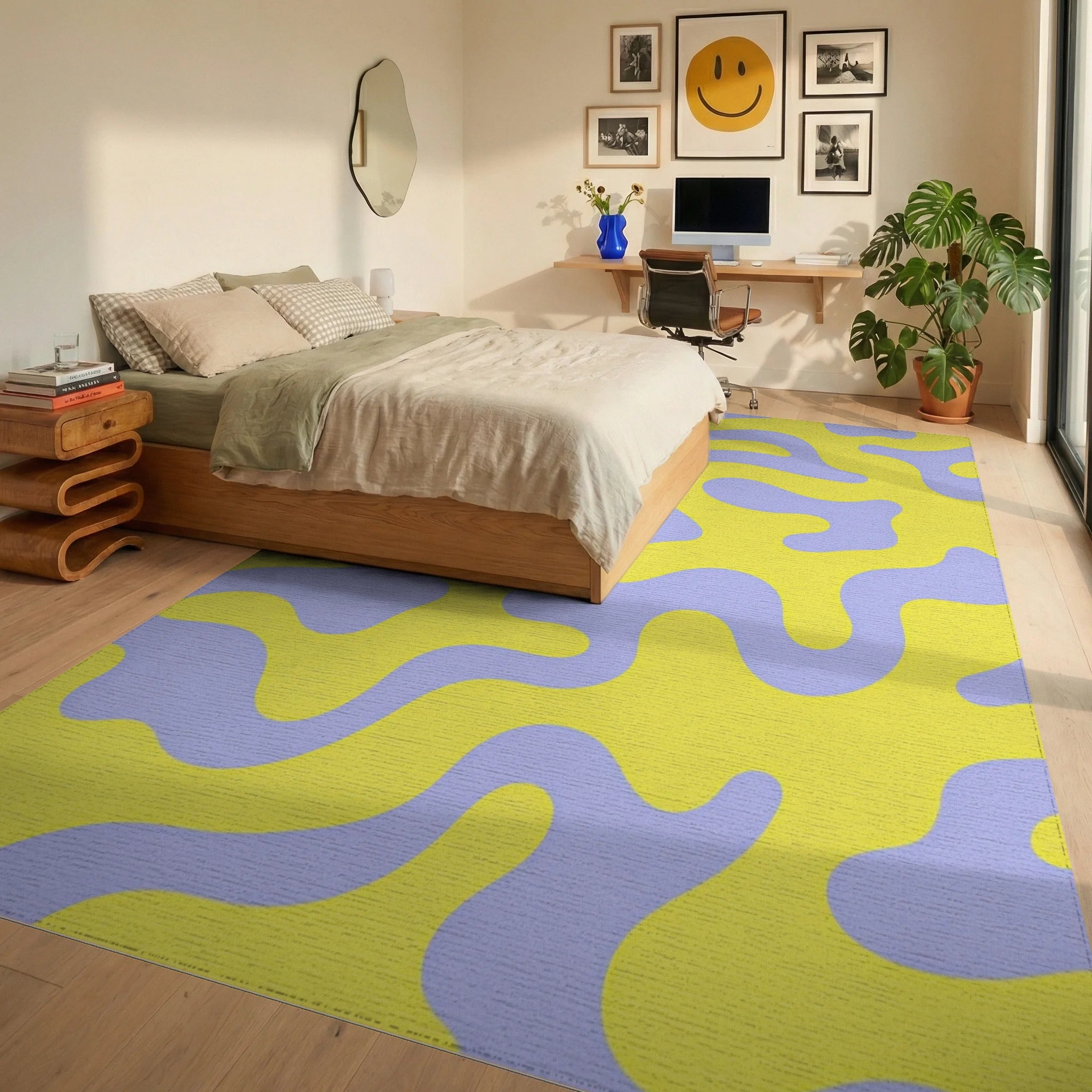 Yellow Lavender Organic Swirl Rug - Bedroom View